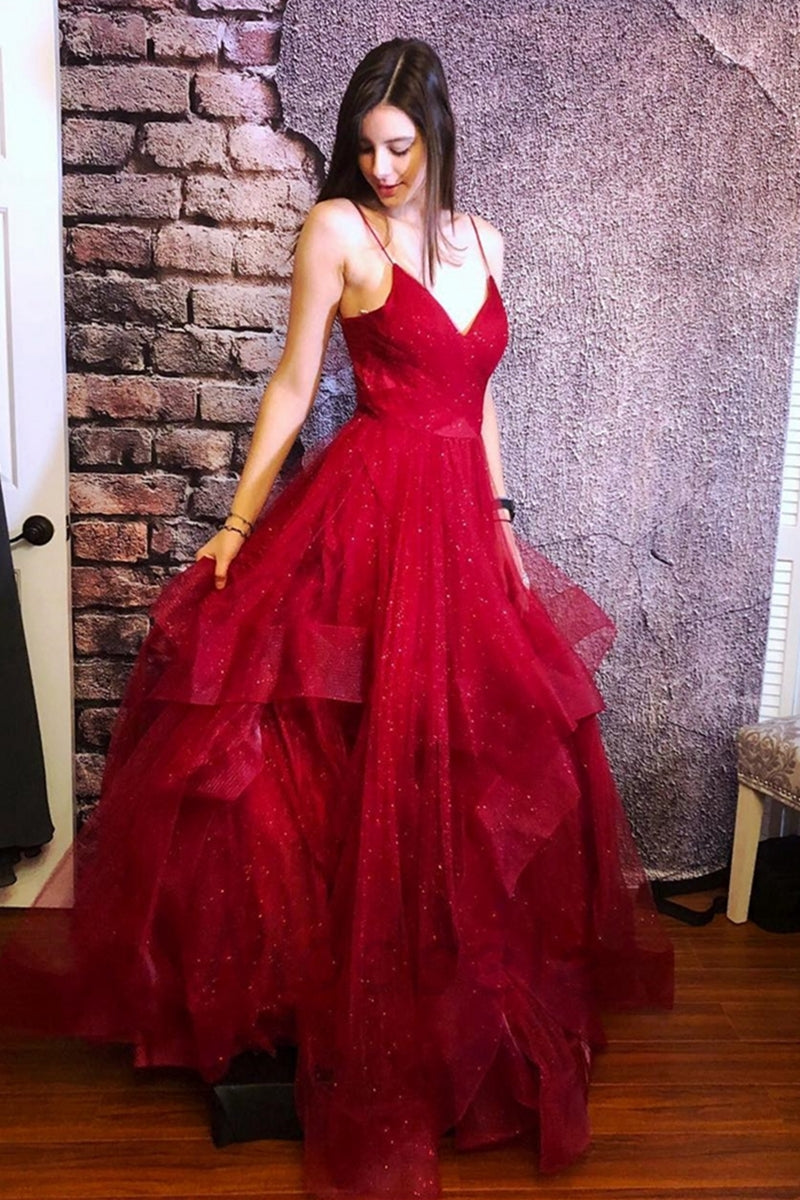 Unthony - Shiny V Neck Fluffy Burgundy Long Prom Dress