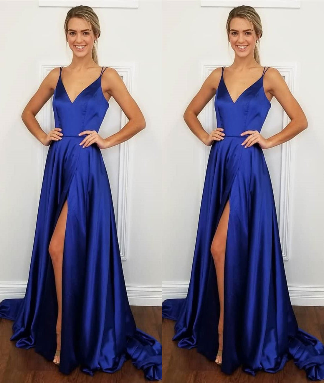 Unthony - A Line V Neck Backless Royal Blue Satin Long Prom Dress with High Slit