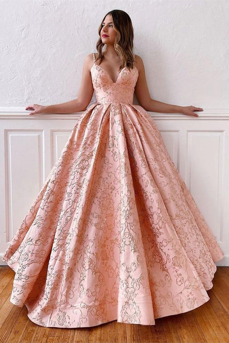 Unthony - A Line V Neck Backless Pink Lace Prom Dress