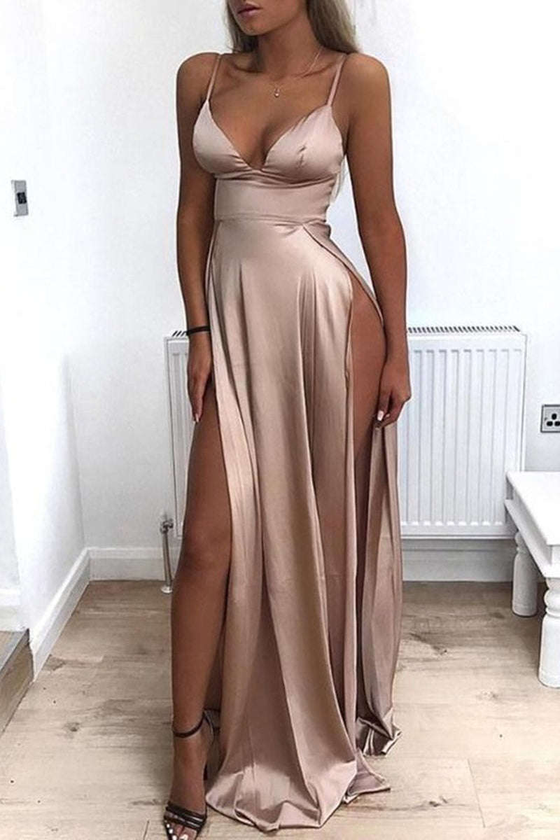 Unthony - Sexy Champagne Satin Long Prom Dress with Double Split