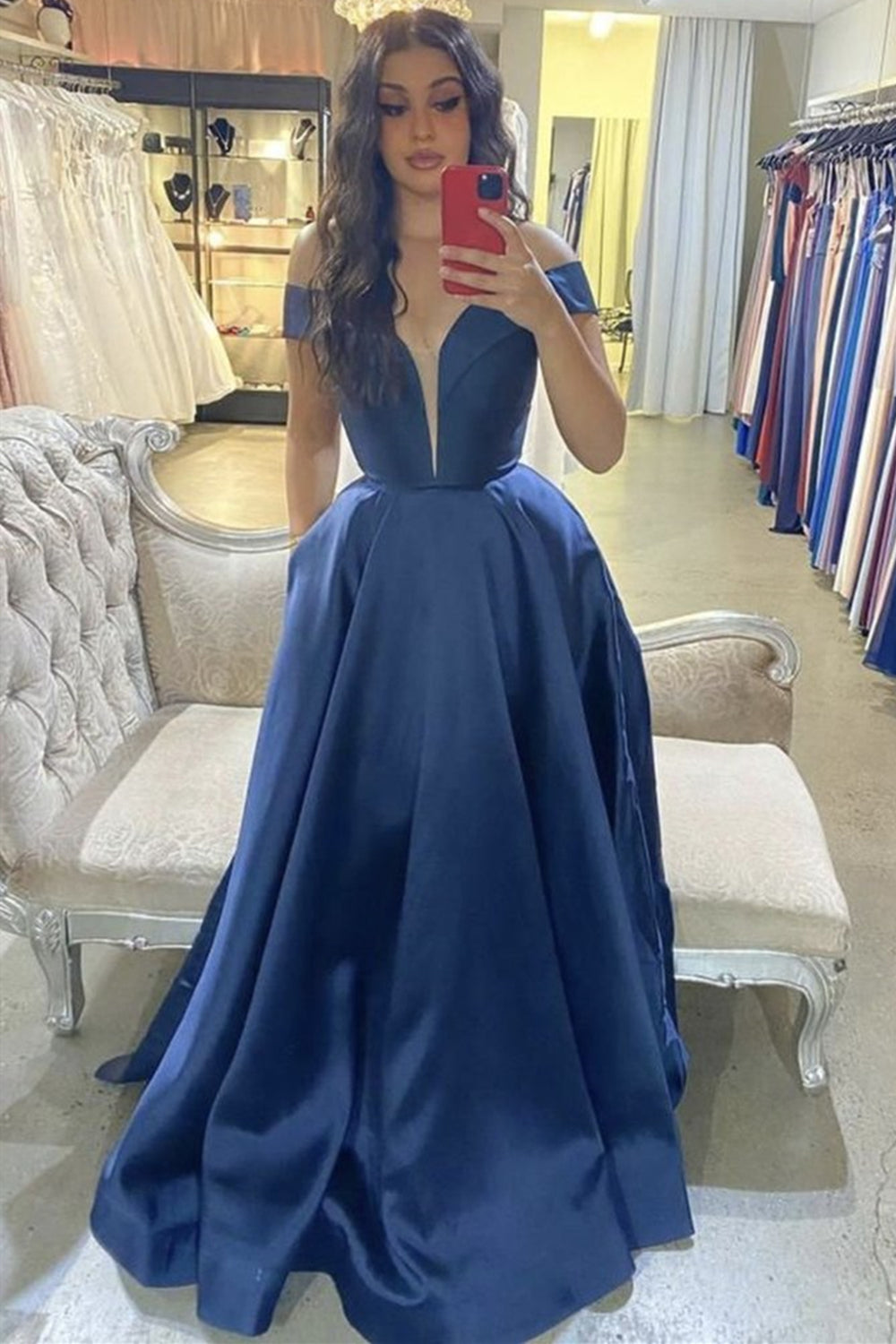 Unthony - Deep V Neck Off Shoulder Blue Satin Long Prom Dress