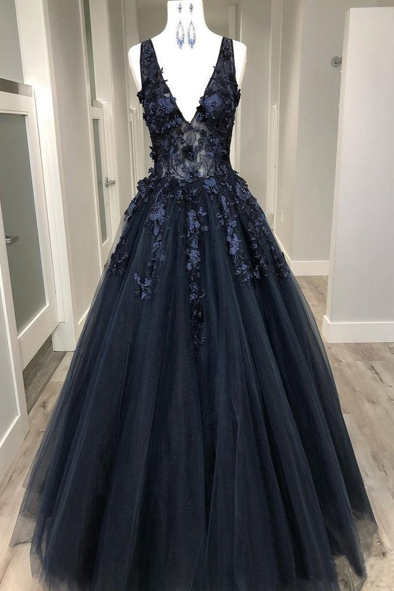 Unthony - V Neck Beaded Black Lace Appliques Long Prom Dress