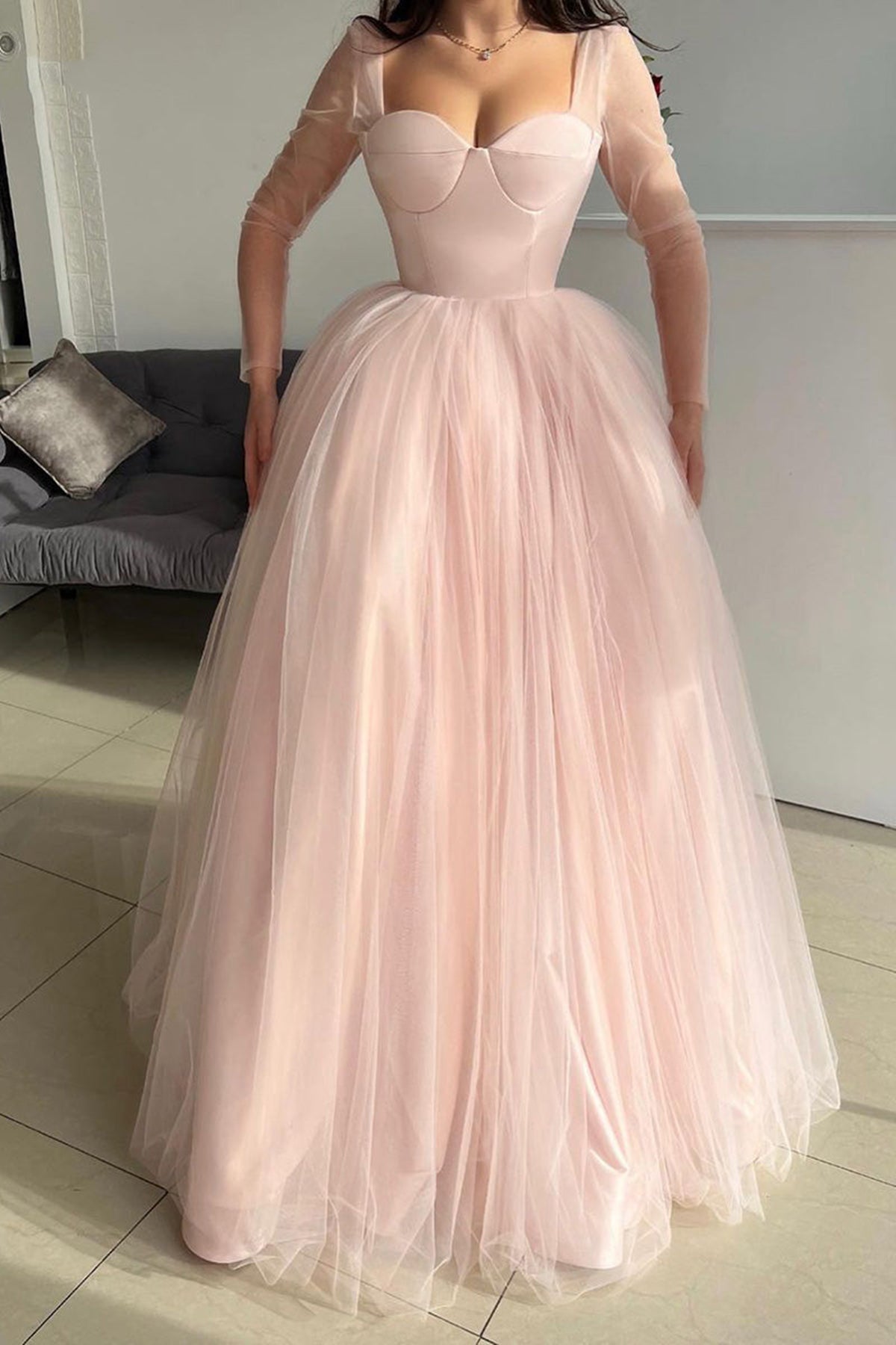 Unthony - Sweetheart Neck Long Sleeves Pink Long Prom Dresses