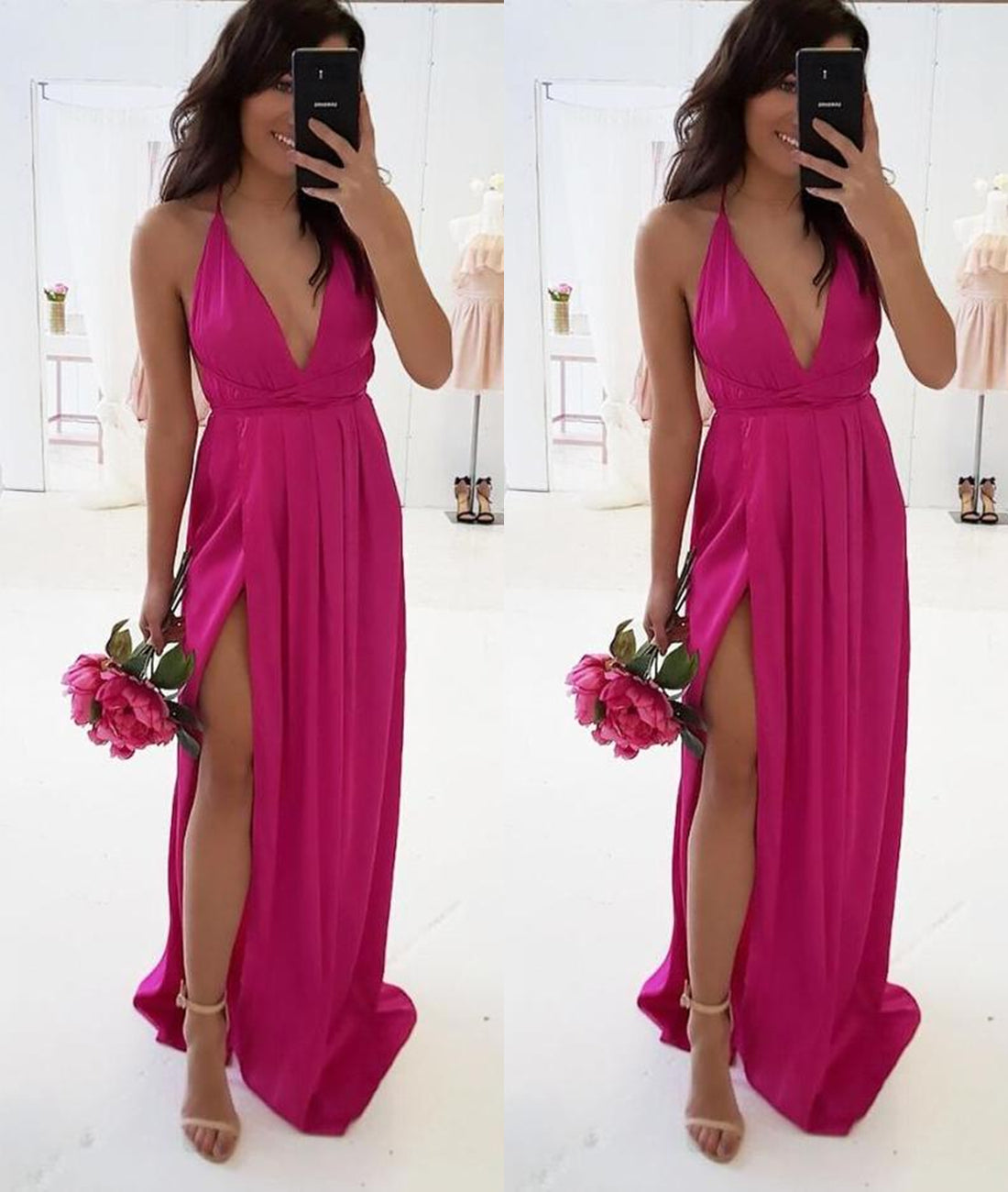 Unthony - A Line V Neck Backless Fuchsia Long Prom Dresses with High Slit