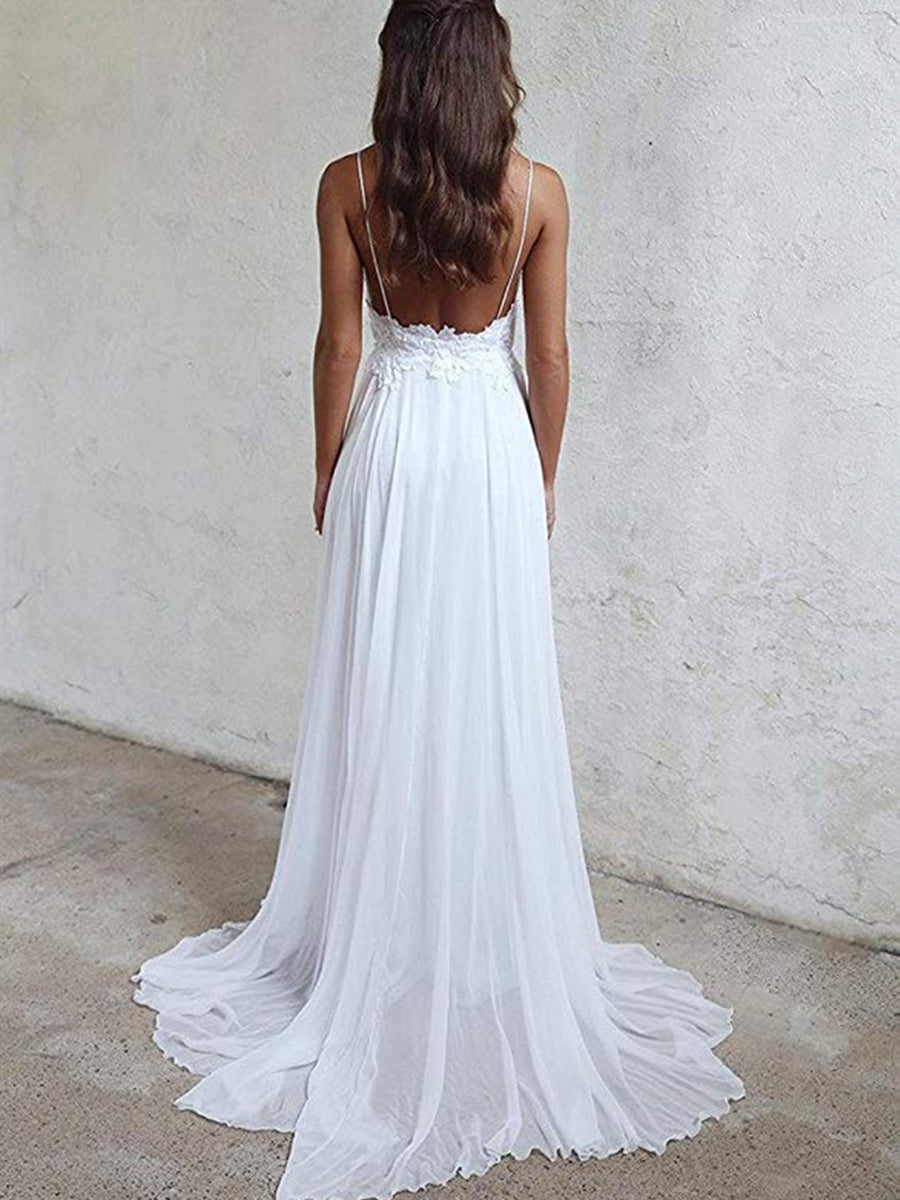 Unthony - A Line Spaghetti Straps Backless Lace White Beach Wedding Dresses