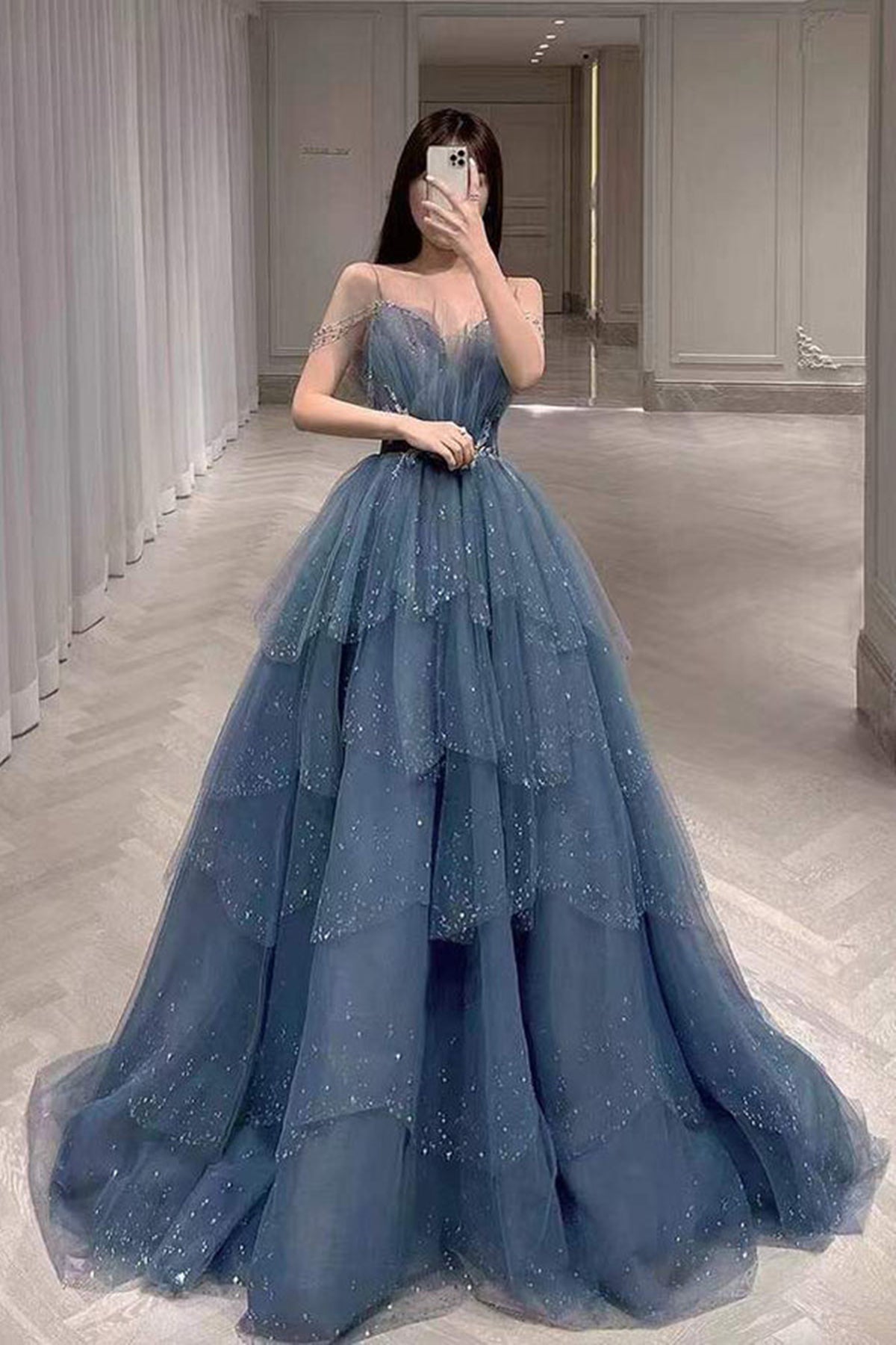 Unthony - Gorgeous Blue Sparkly Tulle Beaded Long Prom Dress