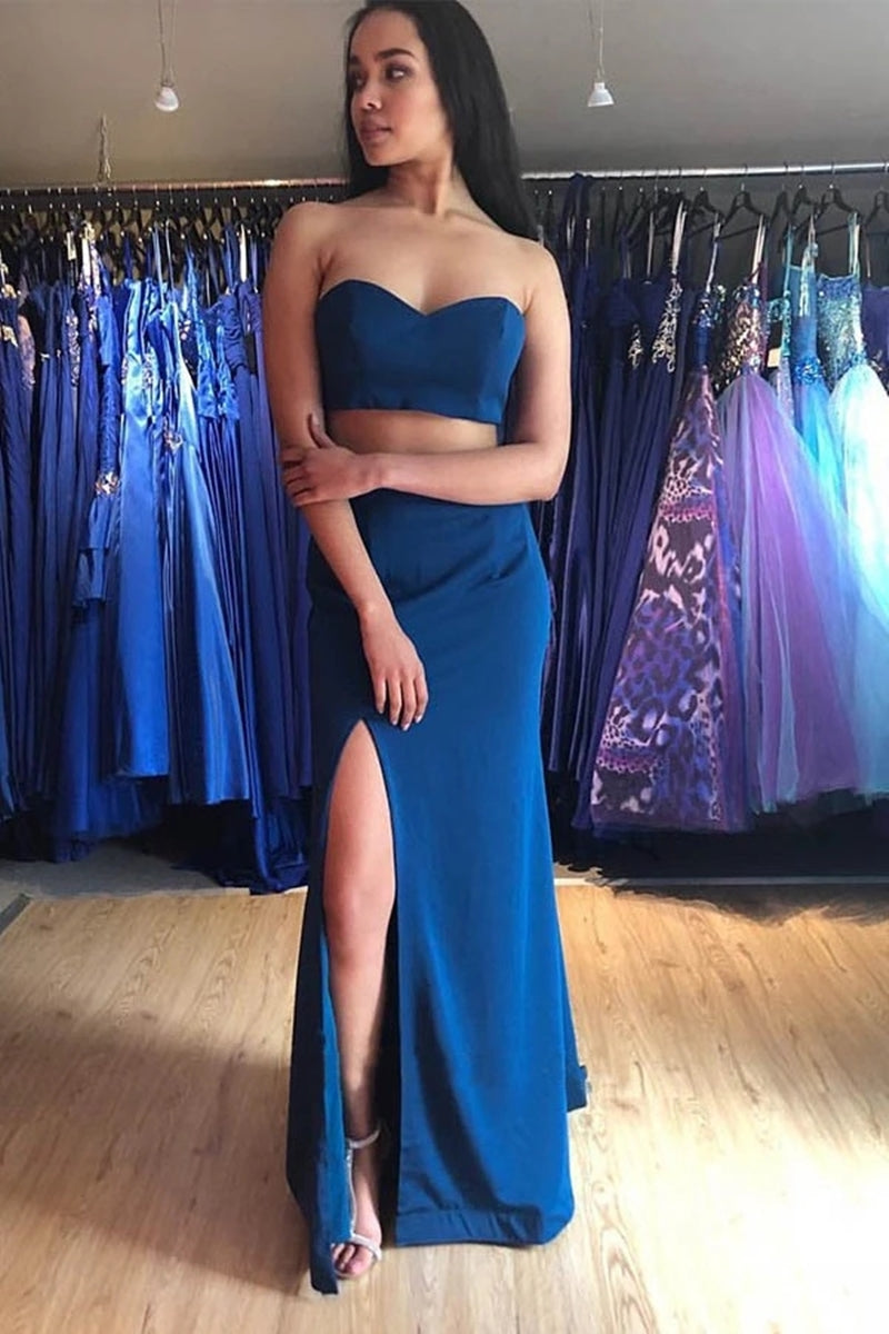 Unthony - Two Pieces Sweetheart Neck Floor Length Blue Prom Dress with Split