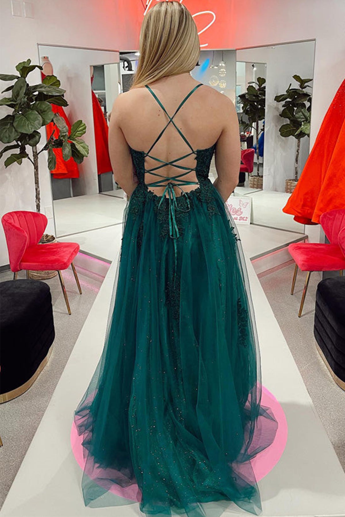 Unthony - A Line Open Back Green Tulle Lace Long Prom Dress with High Slit