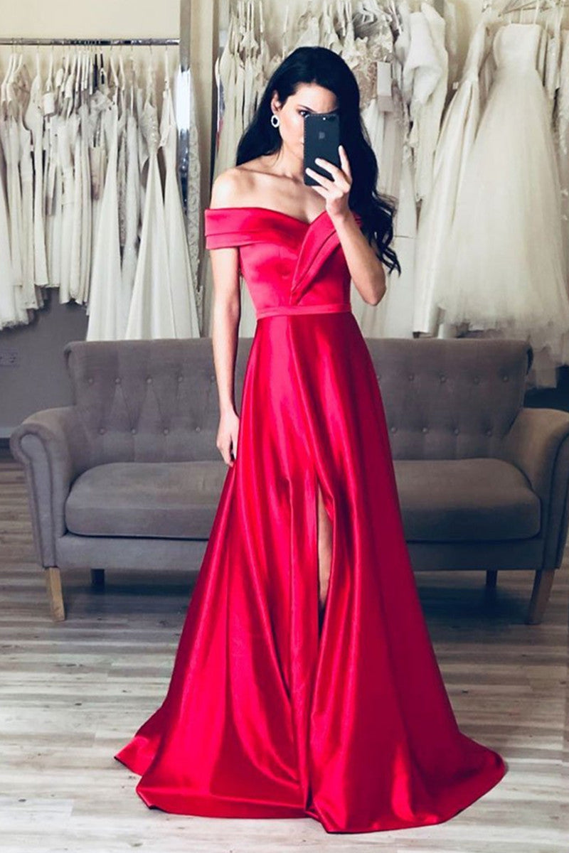 Unthony - Simple Off Shoulder Red Satin Long Prom Dresses with Leg Slit
