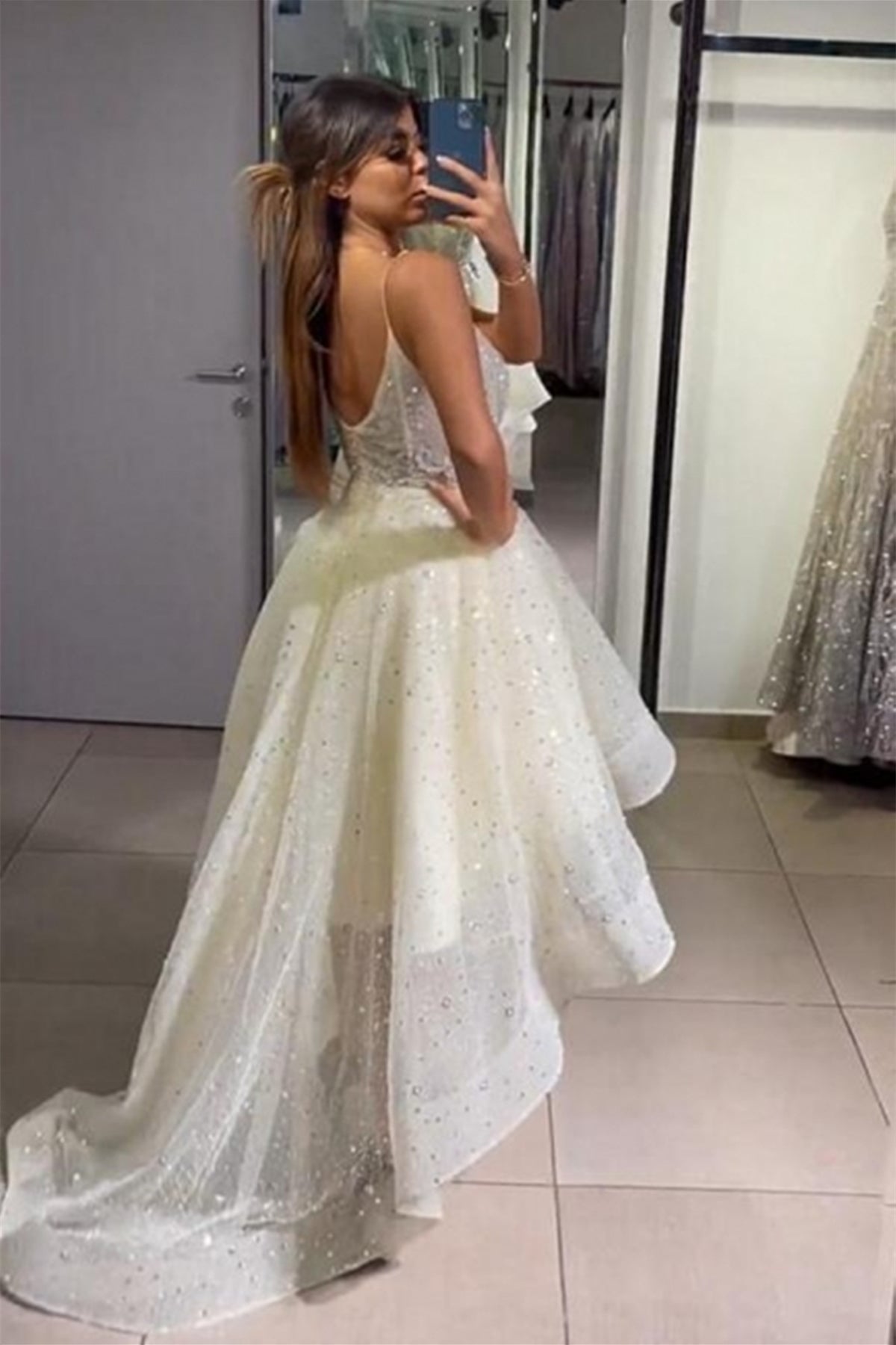 Unthony - Shiny V Neck High Low Yellow Tulle Long Prom Dress