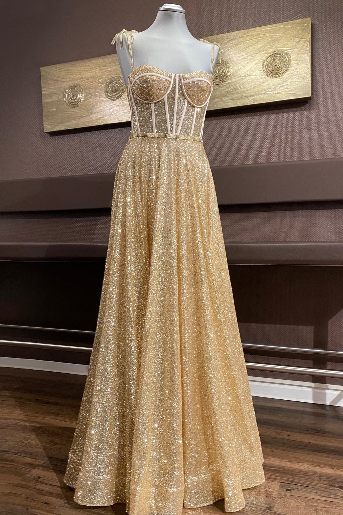 Unthony - Shiny A Line Spaghetti Straps Gold Prom Dresses Long