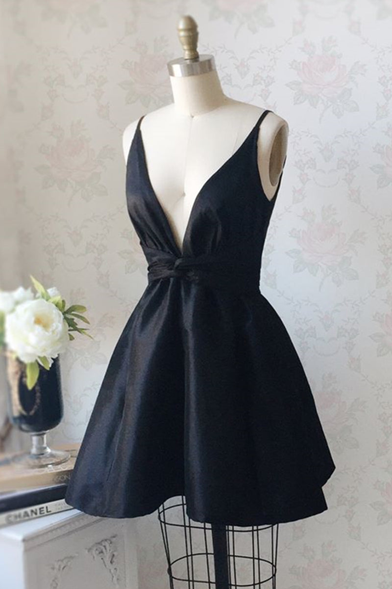 Unthony - V Neck and V Back Black Satin Short Prom Homecoming Dress