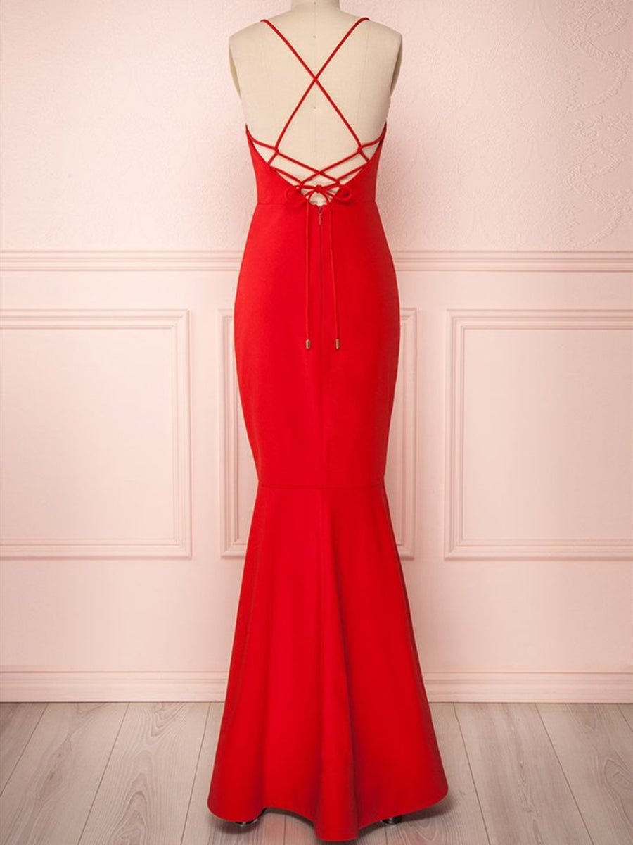 Unthony - Red Thin Straps Mermaid Backless Long Prom Dresses
