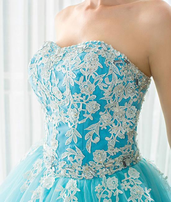Unthony - Blue Sweetheart Neck Lace Tulle Long Prom Dress with White Appliques