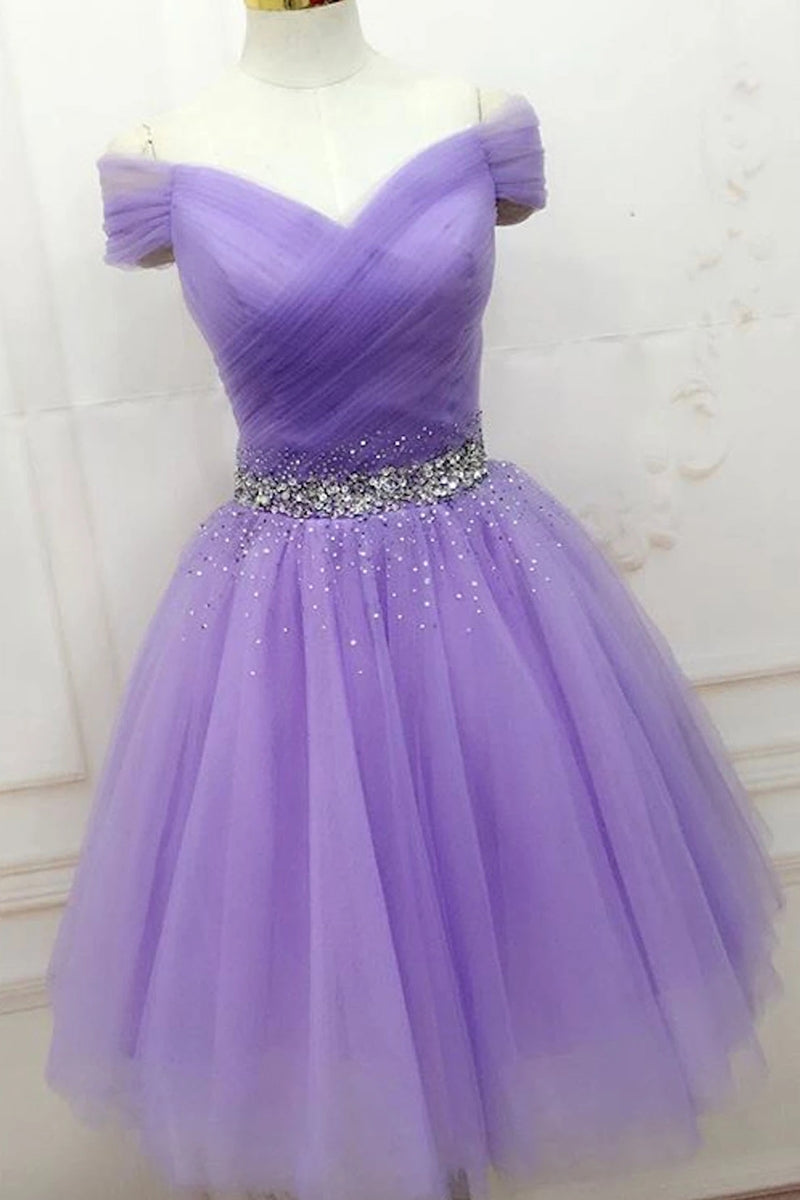Unthony - Off Shoulder Sequins Lilac Short Prom Dress Homecoming Dress