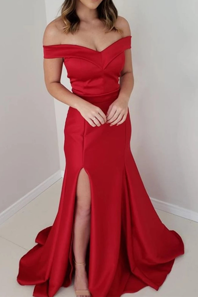 Unthony - Red Off Shoulder Mermaid Satin Long Prom Dress with Side Slit