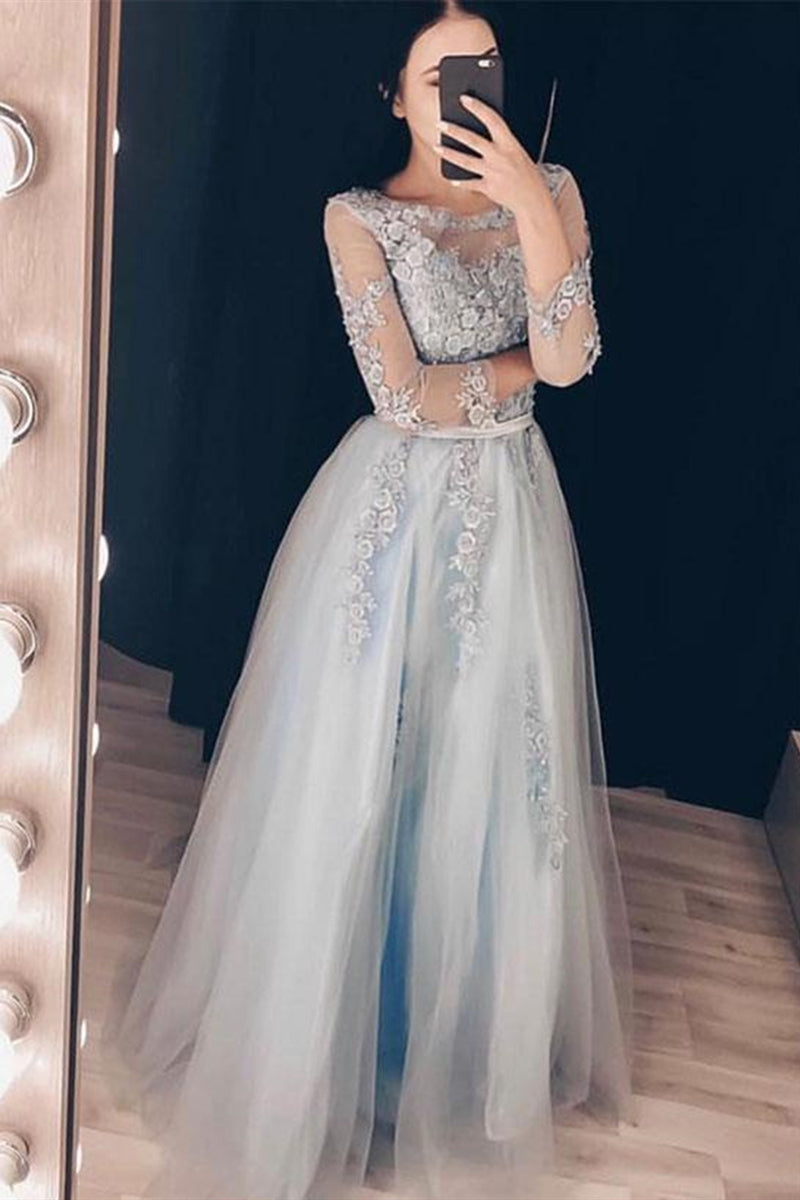 Unthony - Round Neck Long Sleeves Grey Lace Floral Prom Dress