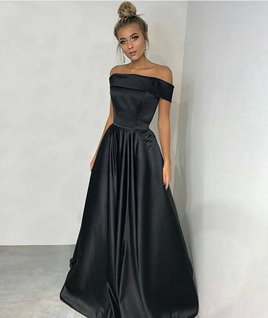 Unthony - Custom Made Off Shoulder Black Satin Long Prom Dresses