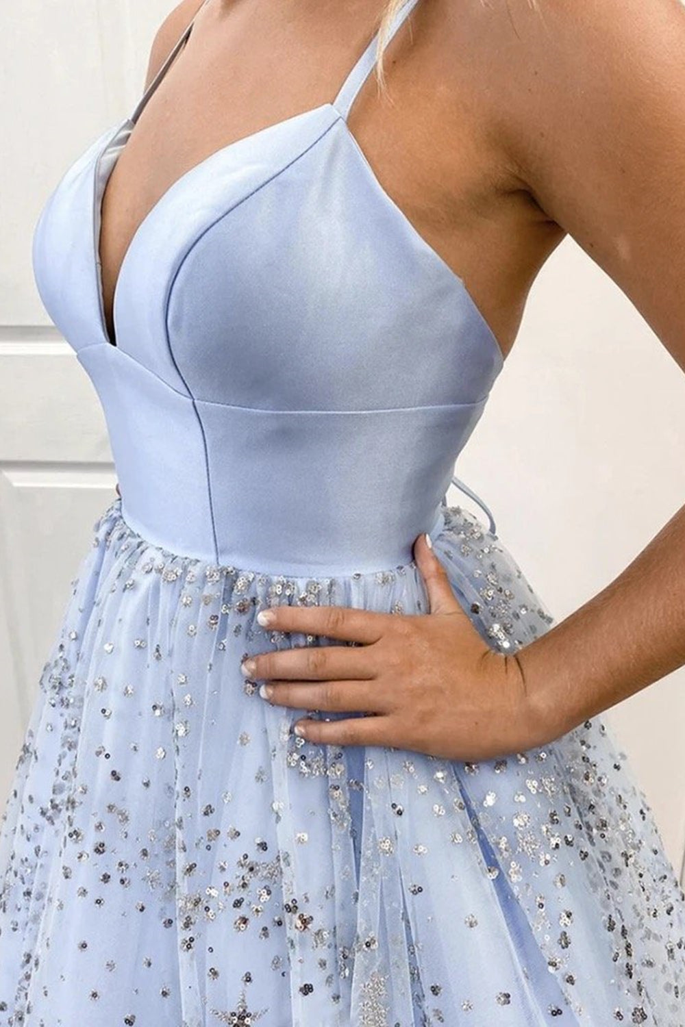 Unthony - Shiny Sequins V Neck Light Blue Long Prom Dress