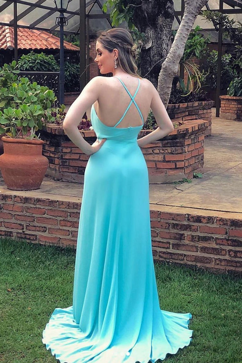 Unthony - Sexy V Neck Backless Blue Long Prom Dress with High Slit