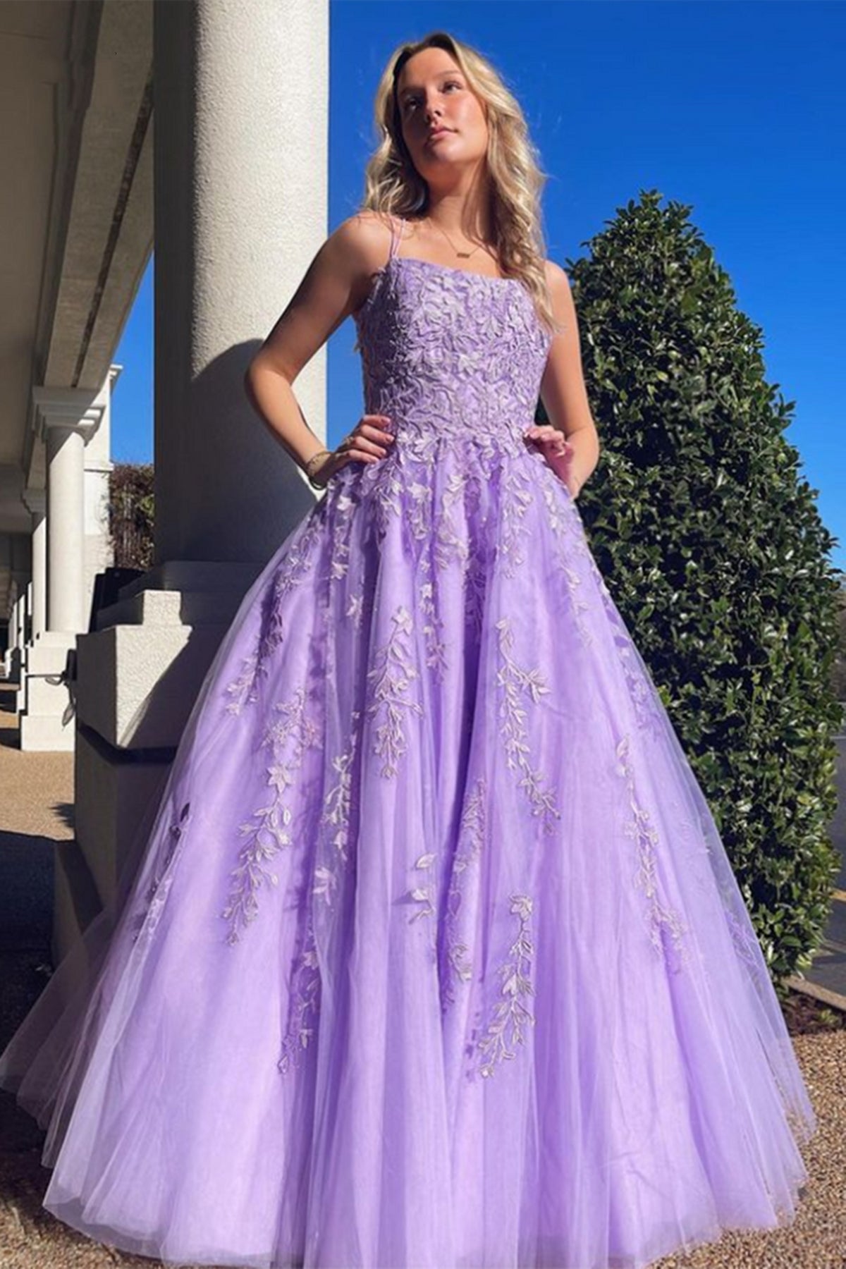 Unthony - A Line Open Back Purple Lace Long Prom Dresses
