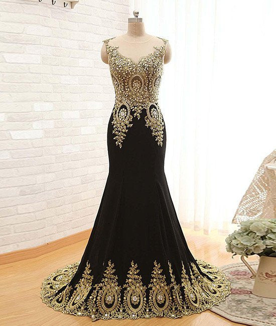 Unthony - Round Neck Mermaid Lace Applique Black Prom Dresses