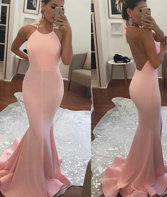 Unthony - Halter Neck Mermaid Backless Yellow/Pink Prom Dresses
