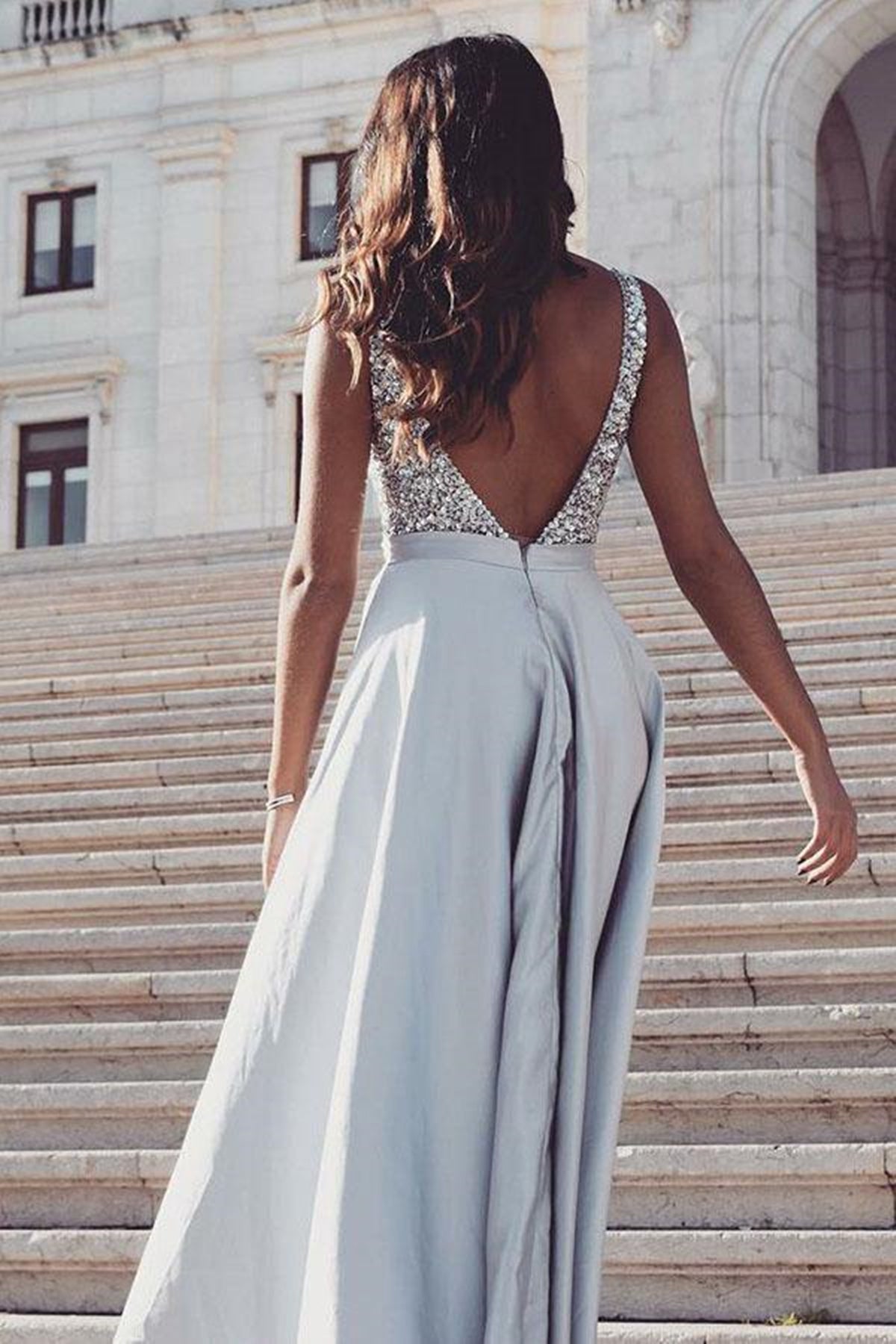 Unthony - V Neck Open Back Silver Gray Sequins Long Prom Dress