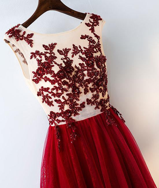 Unthony - A Line Round Neck Burgundy Lace Tulle Long Prom Dress