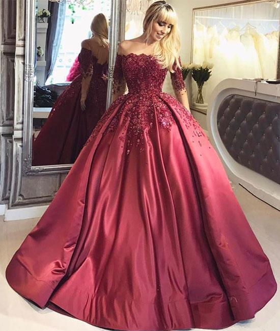 Unthony - Unique Off Shoulder Burgundy Lace Satin Prom Dress