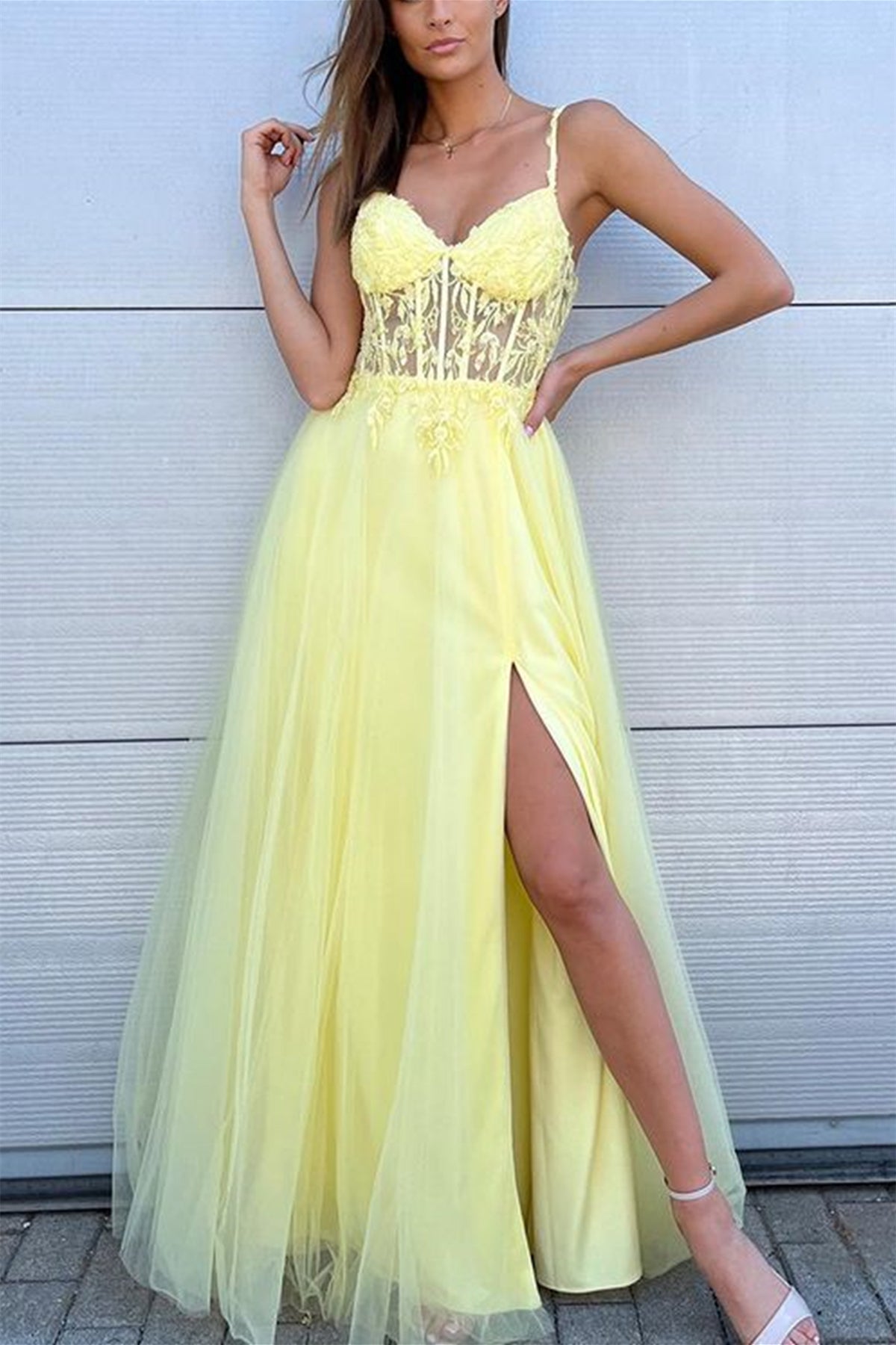 Unthony - V Neck Blue/Pink/Yellow Lace Long Prom Dress with High Slit