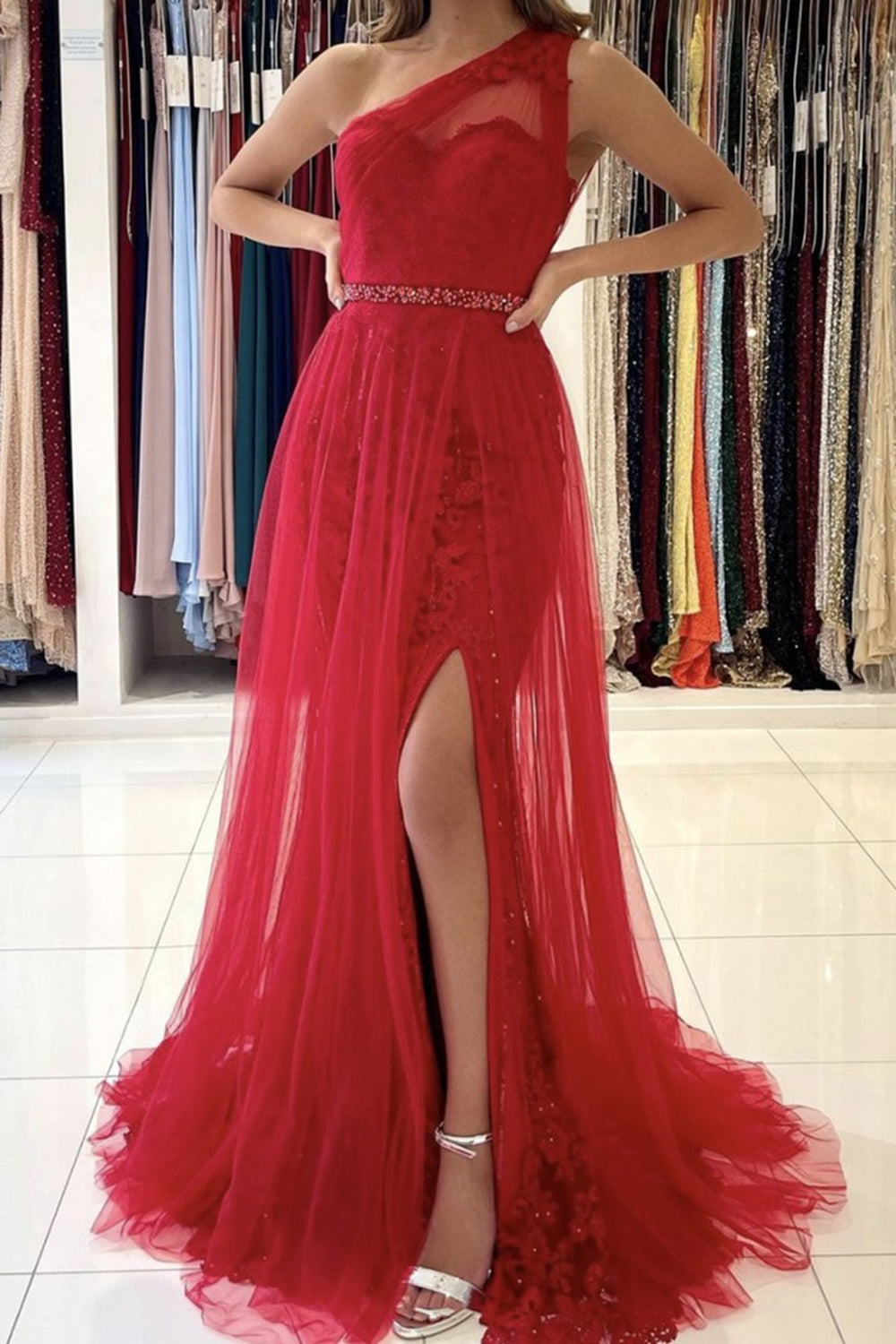 Unthony - One Shoulder Mermaid Red Lace Long Prom Dress