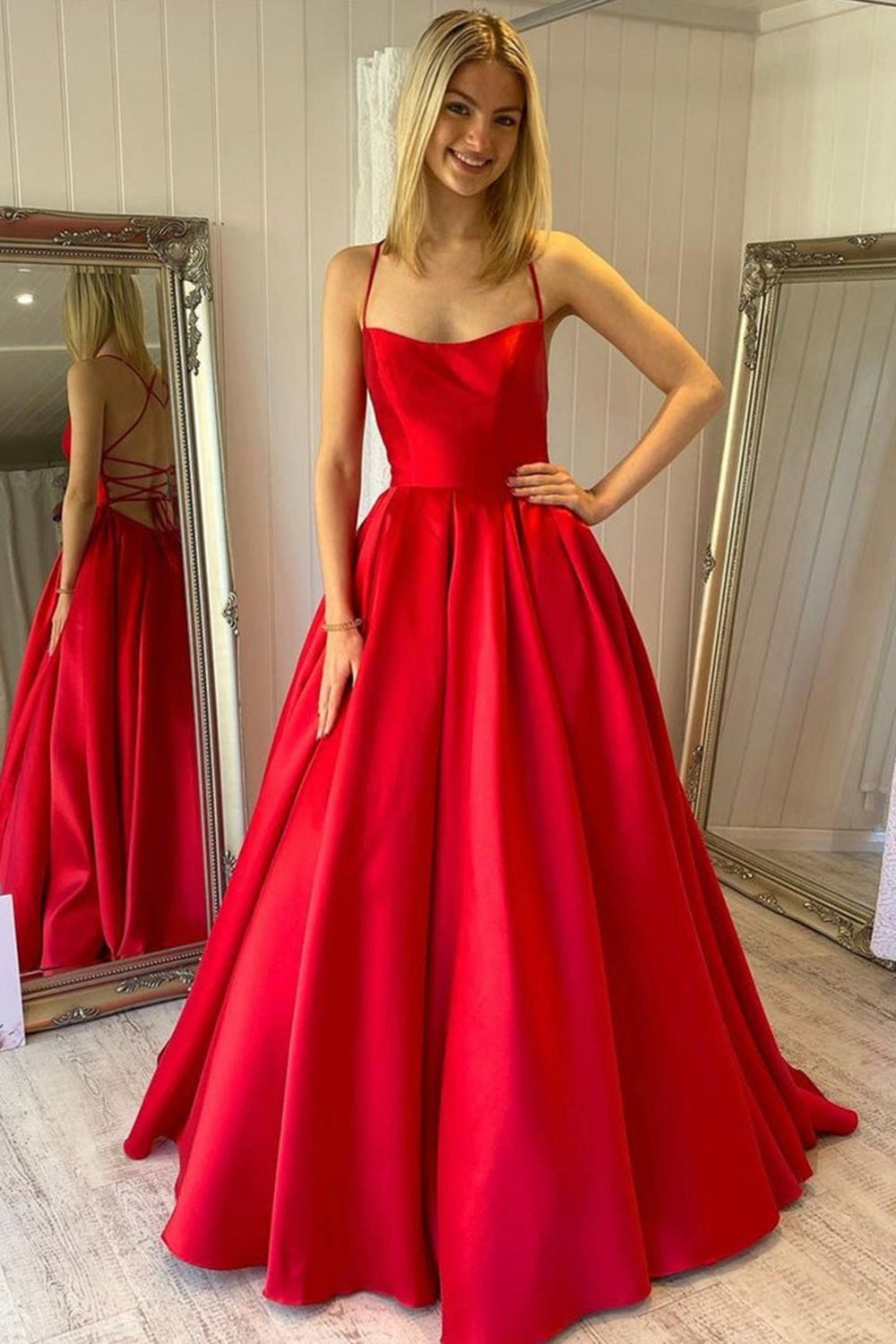 Unthony - Simple Backless Red Satin Long Prom Dress
