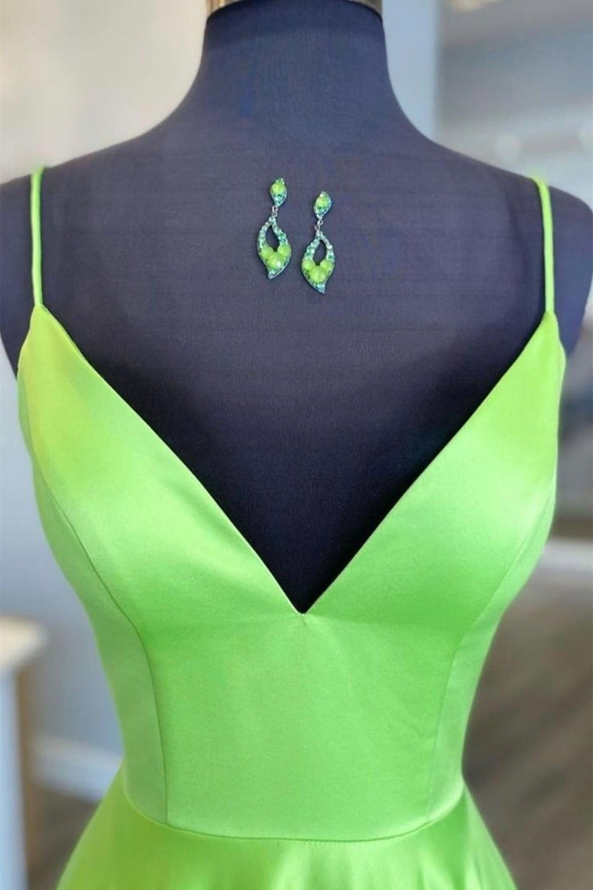 Unthony - Simple A Line V Neck Green Satin Long Prom Dress