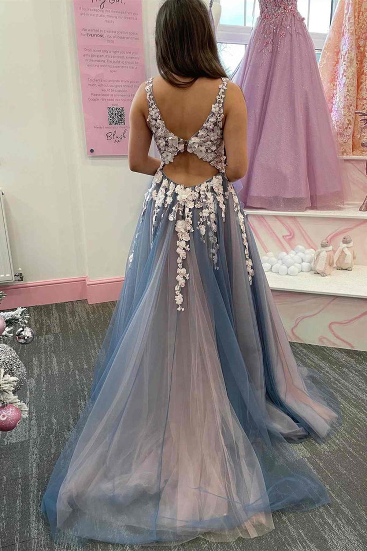 Unthony - V Neck Open Back Smoke Blue Tulle Long Prom Dress with Lace Flowers