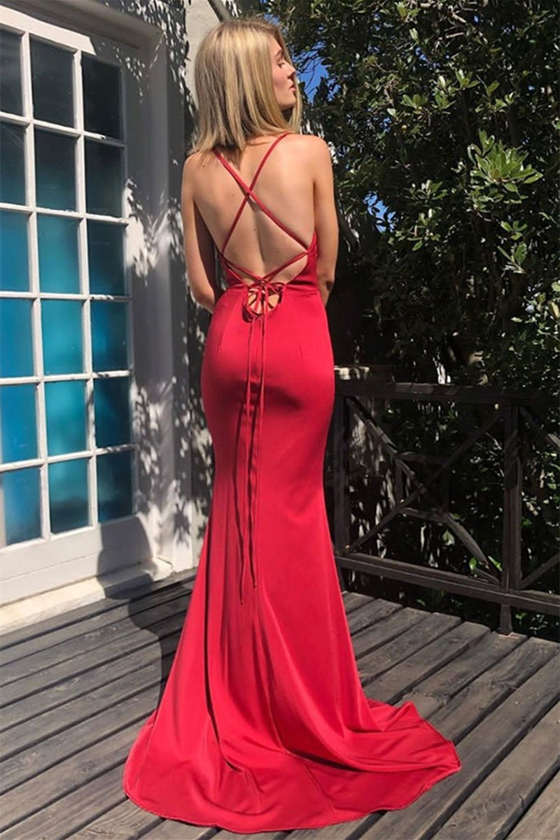 Unthony - V Neck Mermaid Backless Red Long Prom Dress