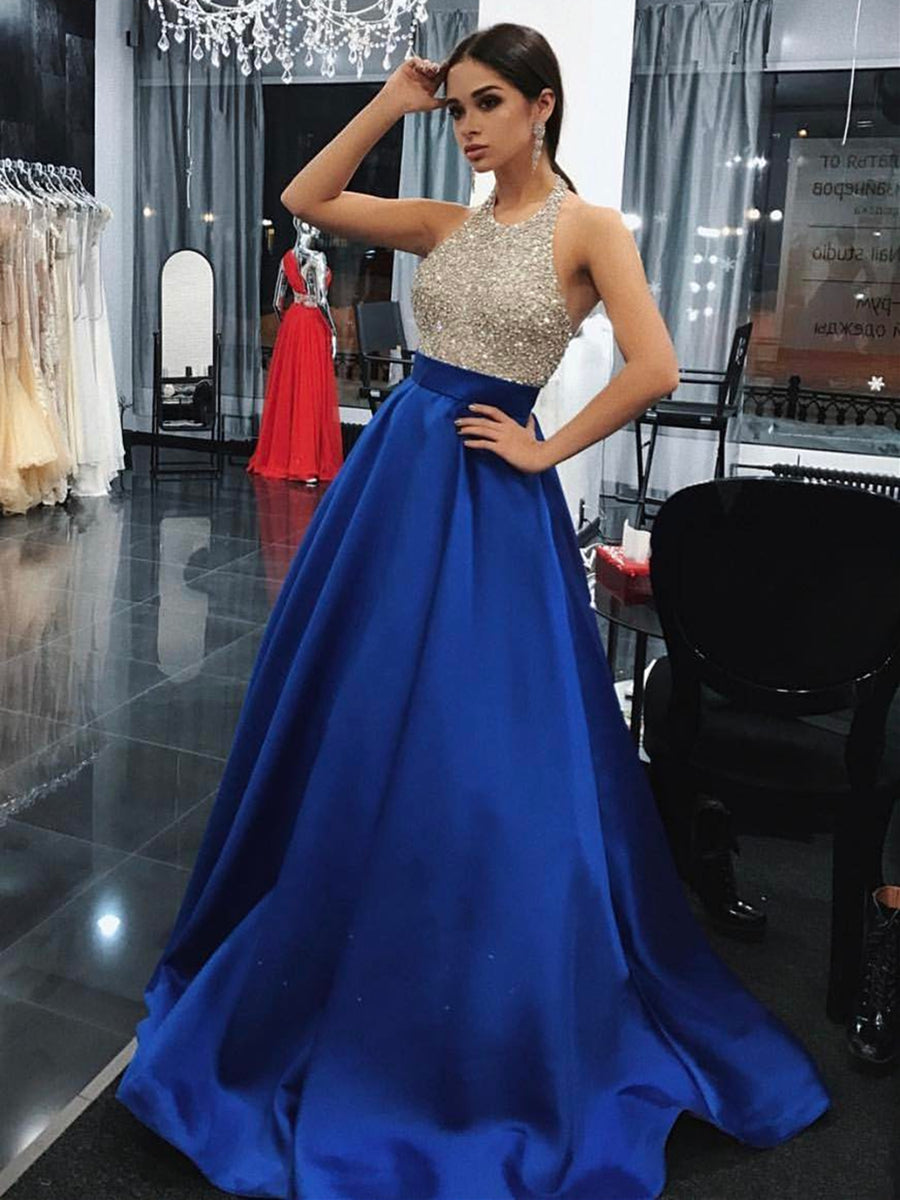 Unthony - Custom Made Royal Blue A Line Round Neck Sleeveless Beading Satin Long Prom Dresses