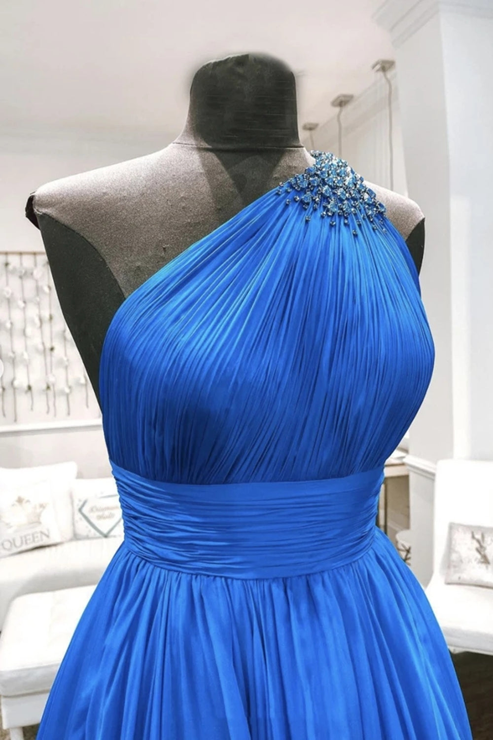 Unthony - One Shoulder Backless Blue Chiffon Long Prom Dress