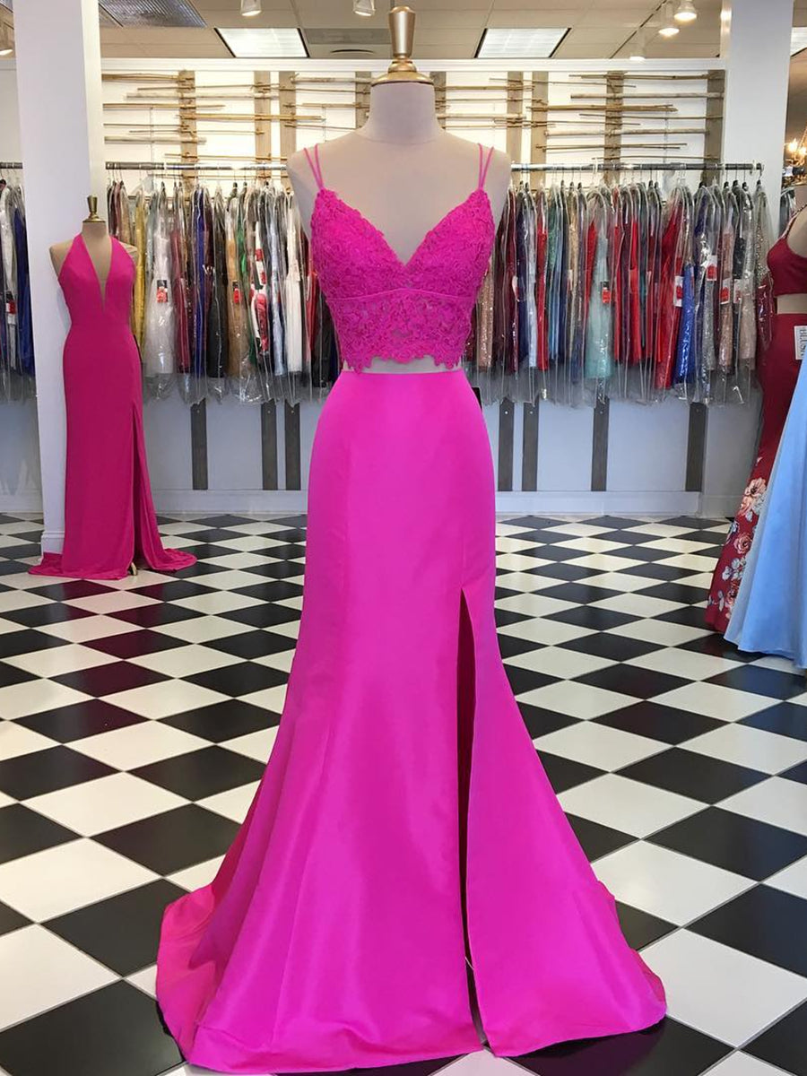 Unthony - Fuchsia V Neck Two Pieces Mermaid Lace Top Satin Long Prom Dress with Slit