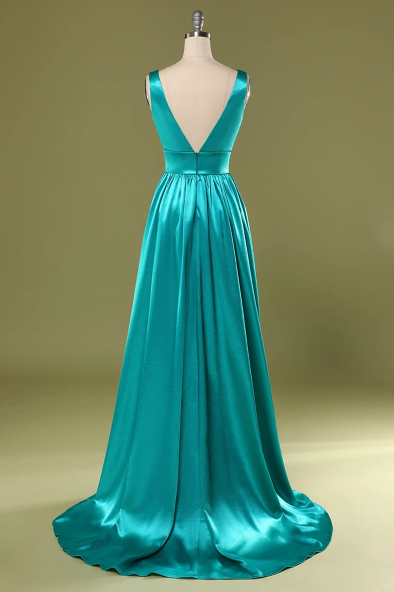 Unthony - A Line V Neck and V Back Turquoise Long Prom Dress with Slit