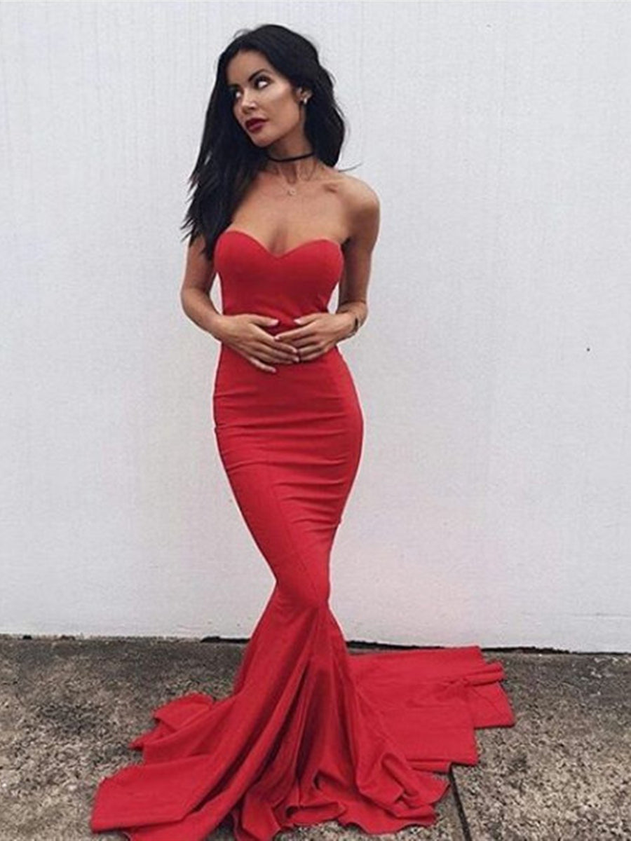 Unthony - Sexy Mermaid Sweetheart Neck Red Satin Long Prom Dresses with Sweep Train
