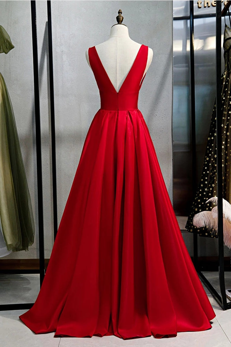 Unthony - Simple A Line V Neck and V Back Red Satin Long Prom Dress
