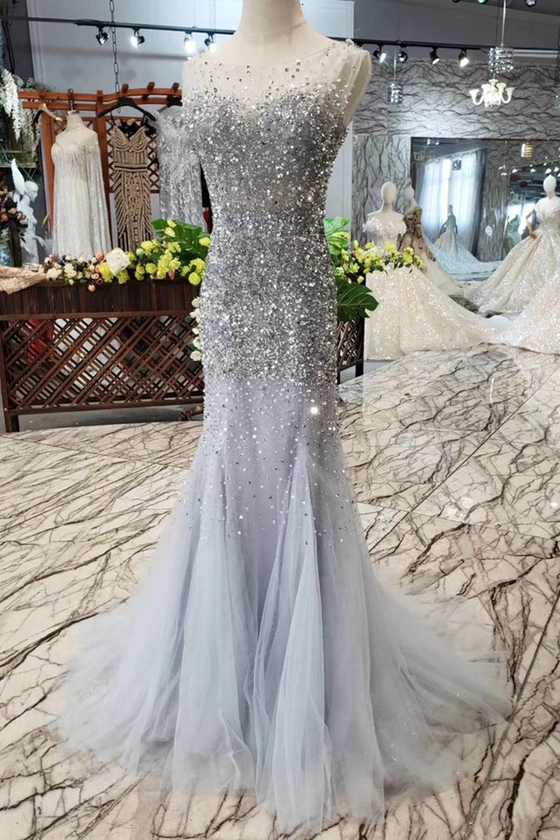 Unthony - Gorgeous Mermaid Backless Silver Grey Sequins Prom Dress