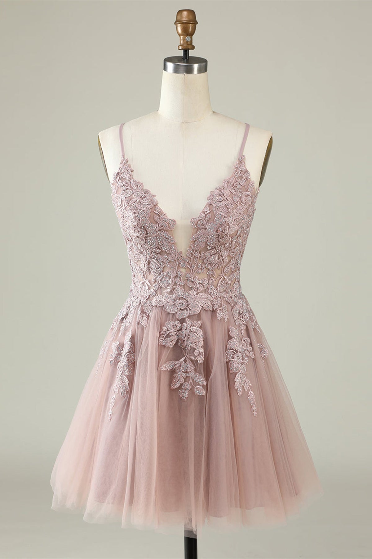 Unthony - Open Back V Neck Pink Lace Appliques Prom Dress