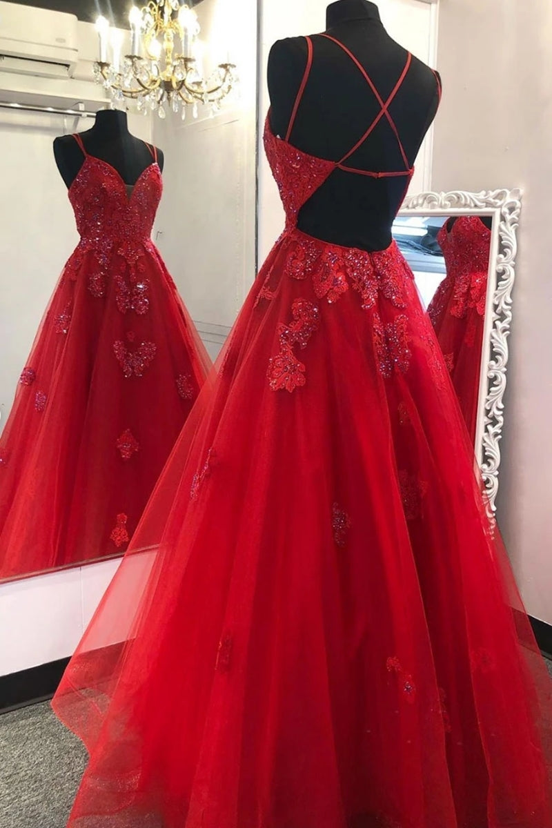 Unthony - Gorgeous V Neck Backless Red Lace Prom Dress 2020