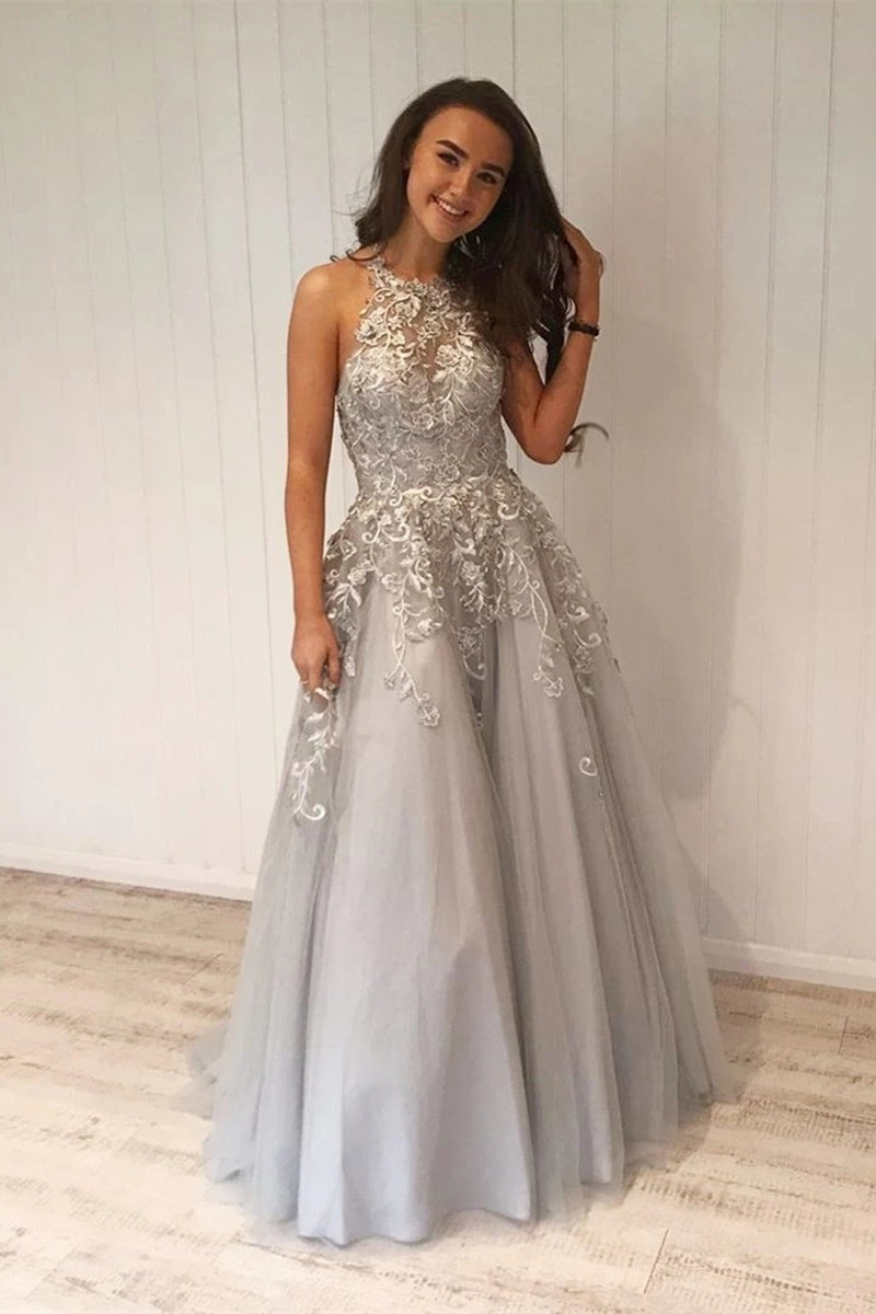 Unthony - A Line Grey Lace Long Prom Dress with Appliques