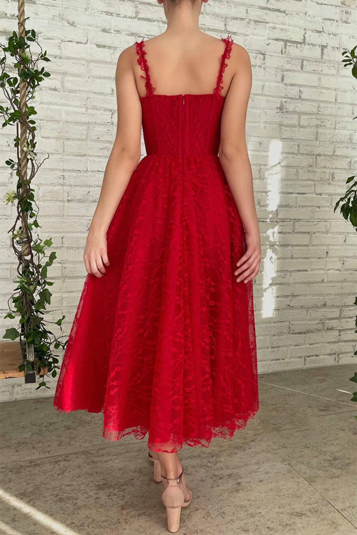 Unthony - Red Lace Tea Length Prom Dress