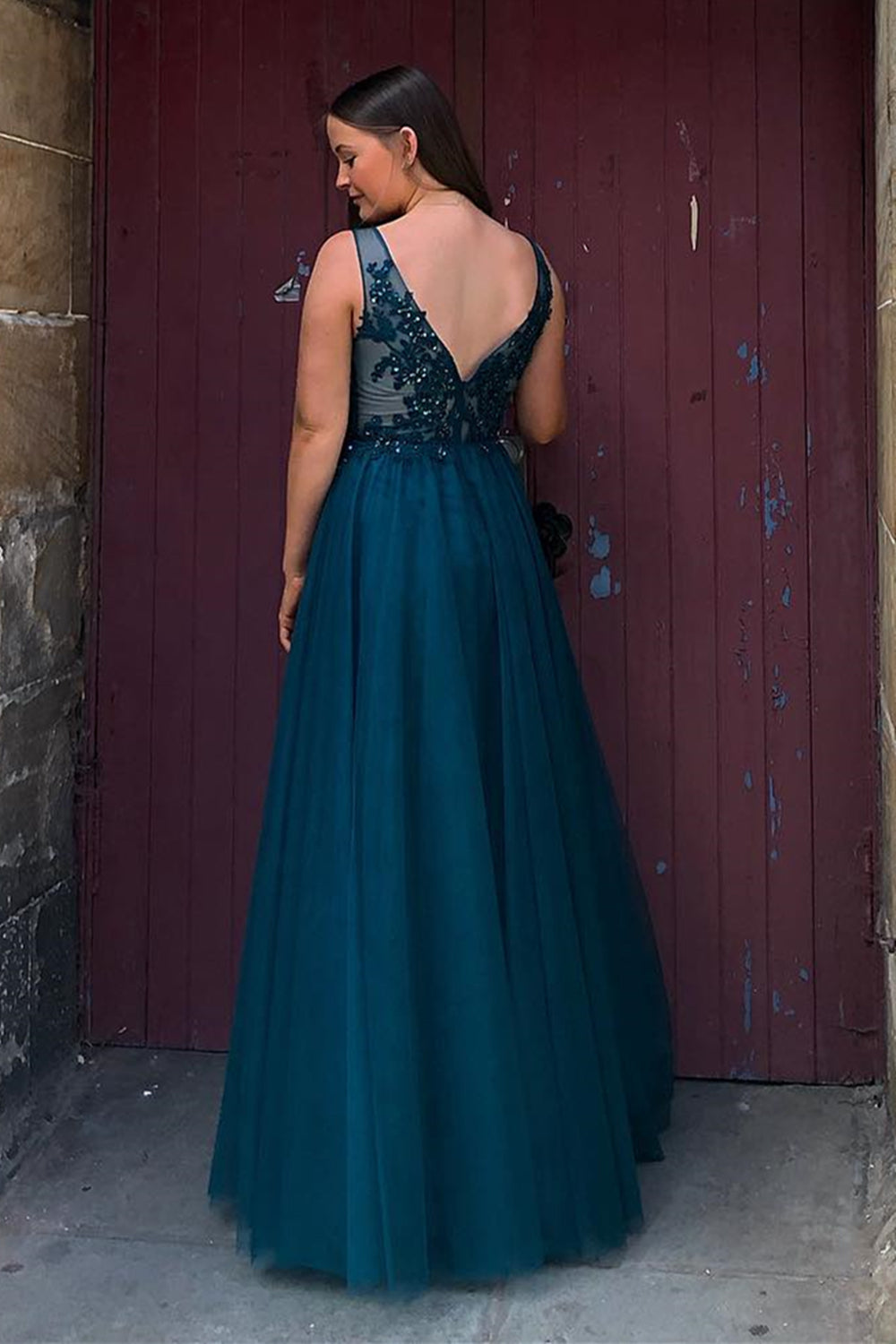 Unthony - A Line V Neck Blue Lace Long Prom Dress