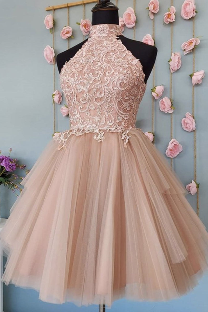 Unthony - High Neck Open Back Short Champagne Lace Prom Dress