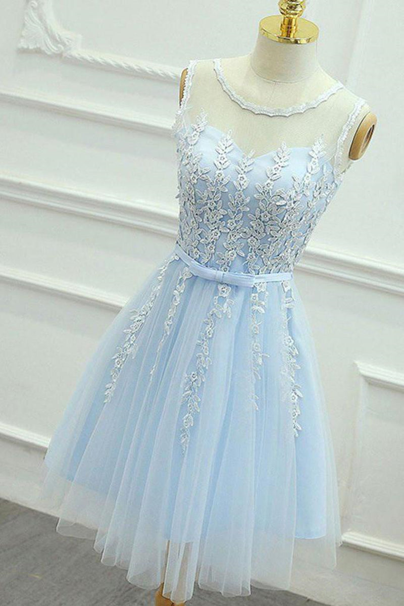 Unthony - A Line Round Neck Lace Blue Short Prom Dress